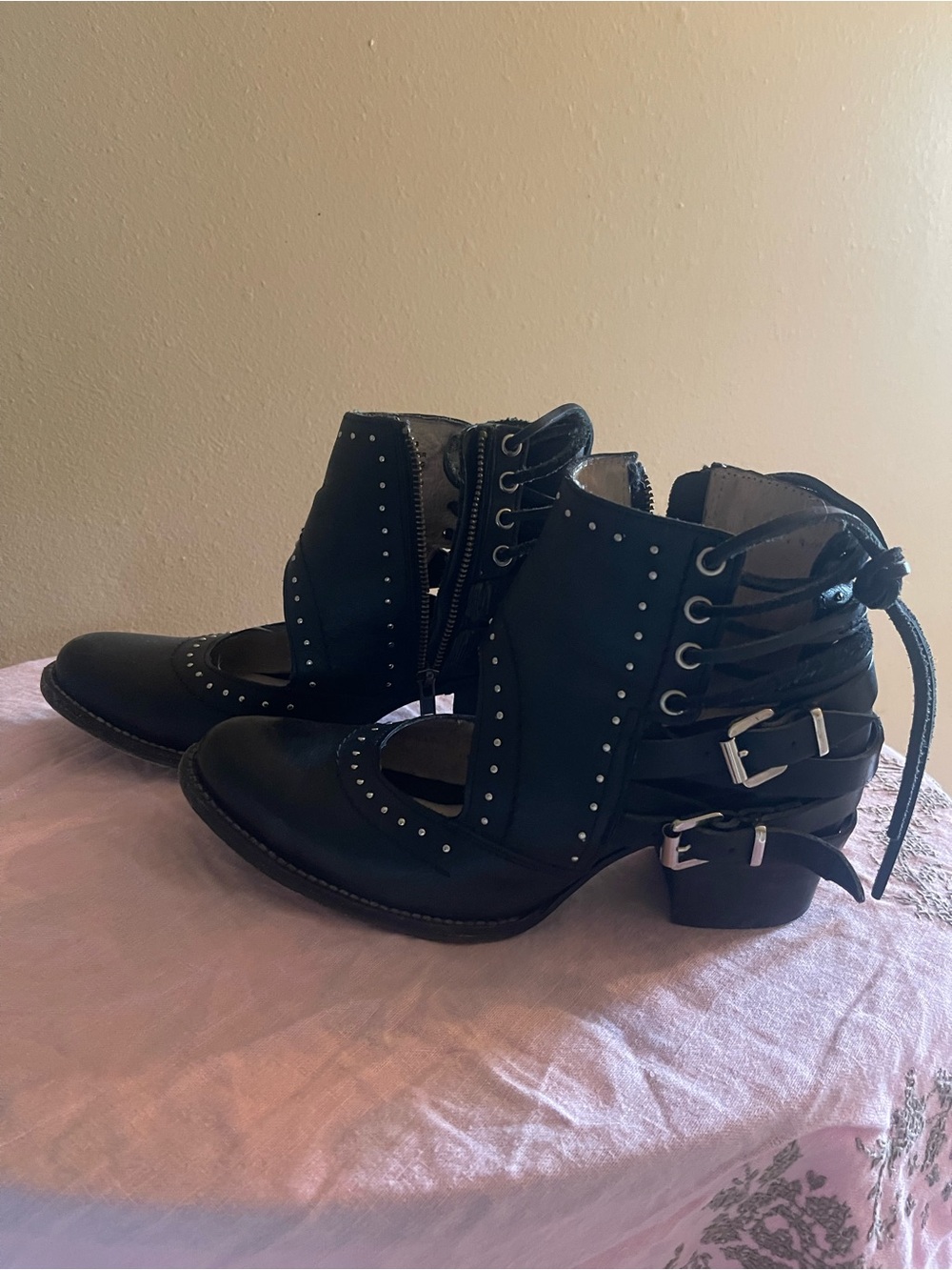 Freebird by Steven Black Studded Cutout Booties with Buckle & Lace-up Detail
